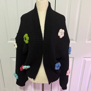 Anthropologie Black Cardigan with Colorful Floral Accents